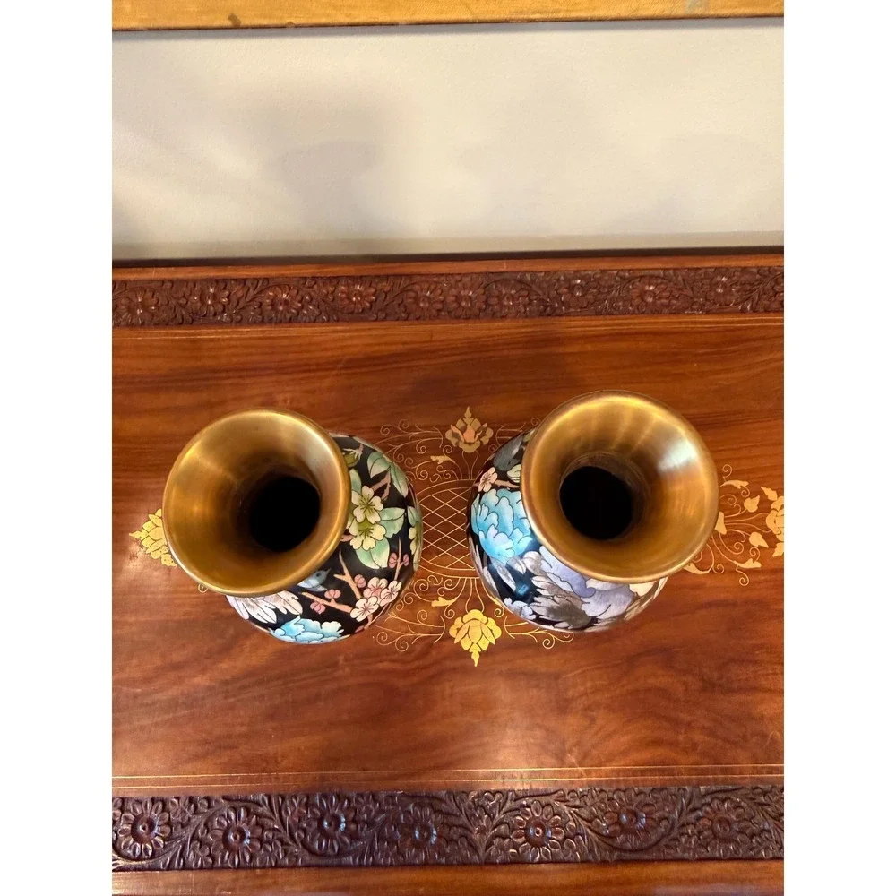 Vintage Cloisonné Peony Vase Pair‎ - 10.25